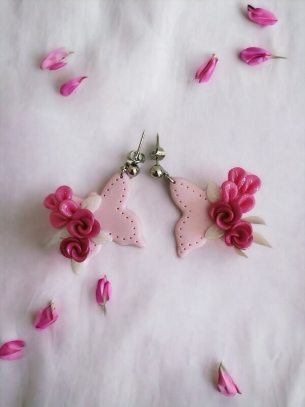 Boucles d'oreilles Papillons roses et fleurs fuschia