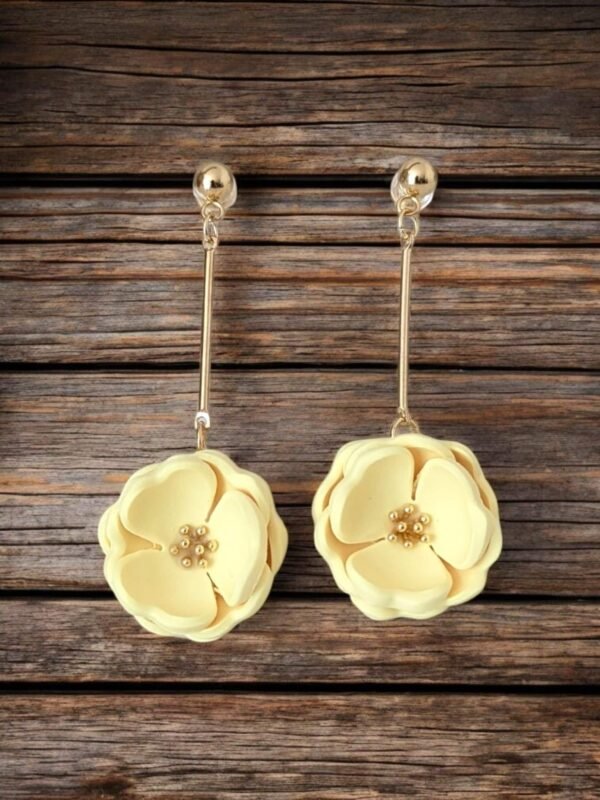 PXL_20250709_115513316.PORTRAIT.ORIGINAL (1) Boucles d’oreilles Fleurs canari sur pendants dorés