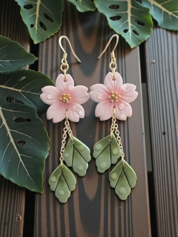 Boucles d'oreilles Fleurs de cerisier et feuille