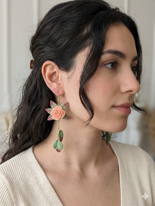 Boucles d'oreilles Rose saumon et feuilles