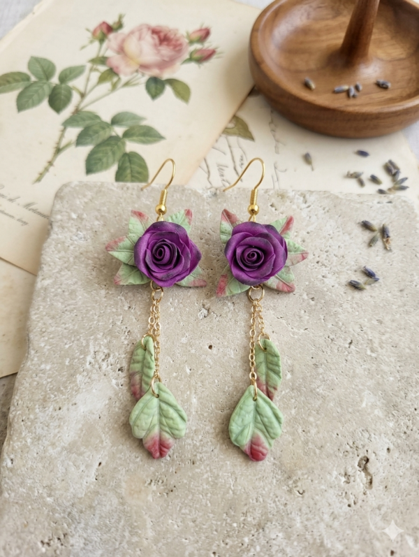Boucles d'oreilles Rose violet et feuilles