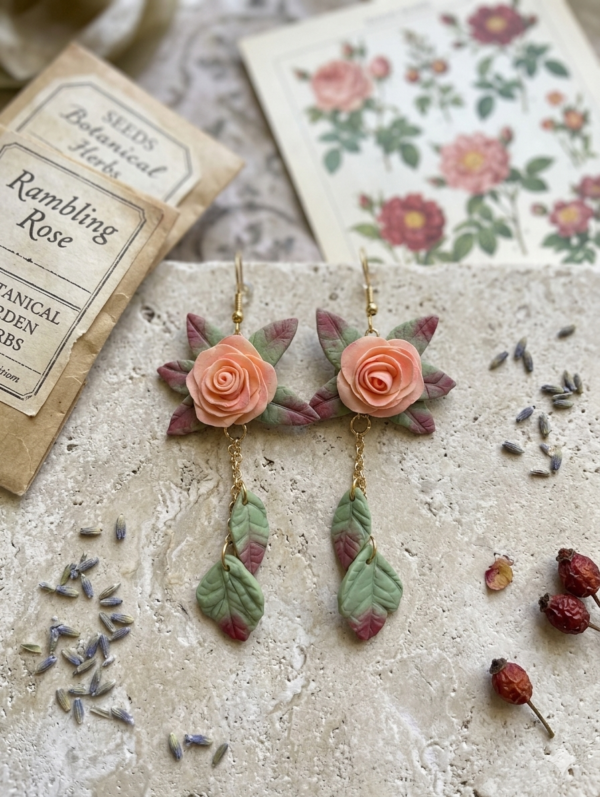 Boucles d'oreilles Rose saumon et feuilles