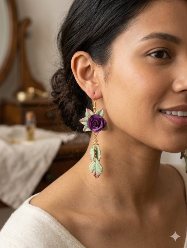 Boucles d'oreilles Rose violet et feuilles