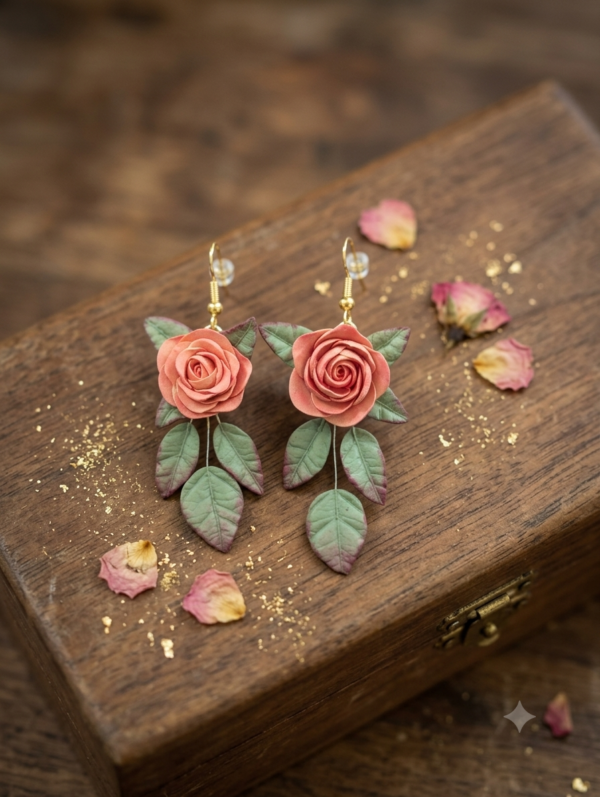 1783343572218 Boucles d'oreilles Roses Saumon et feuilles