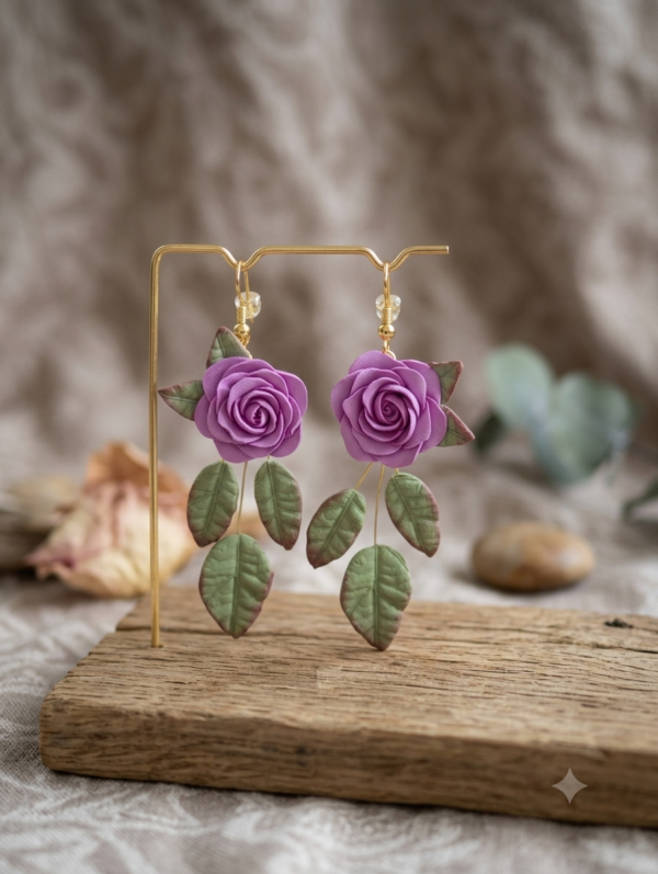 1783344517363 Boucles d'oreilles Roses Mauves et feuilles