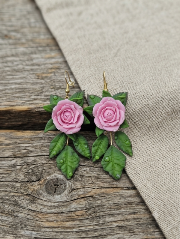 Boucles d'oreilles Roses et feuilles