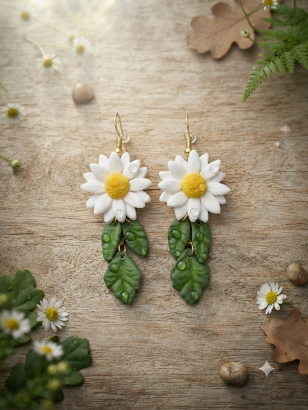 Boucles d'oreilles Marguerites et feuilles