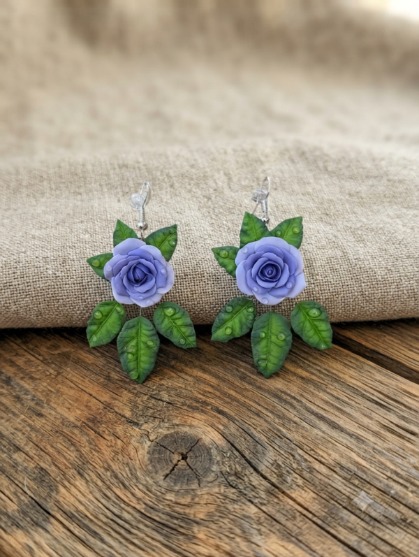 Boucles d'oreilles Roses dégradé violet et feuilles